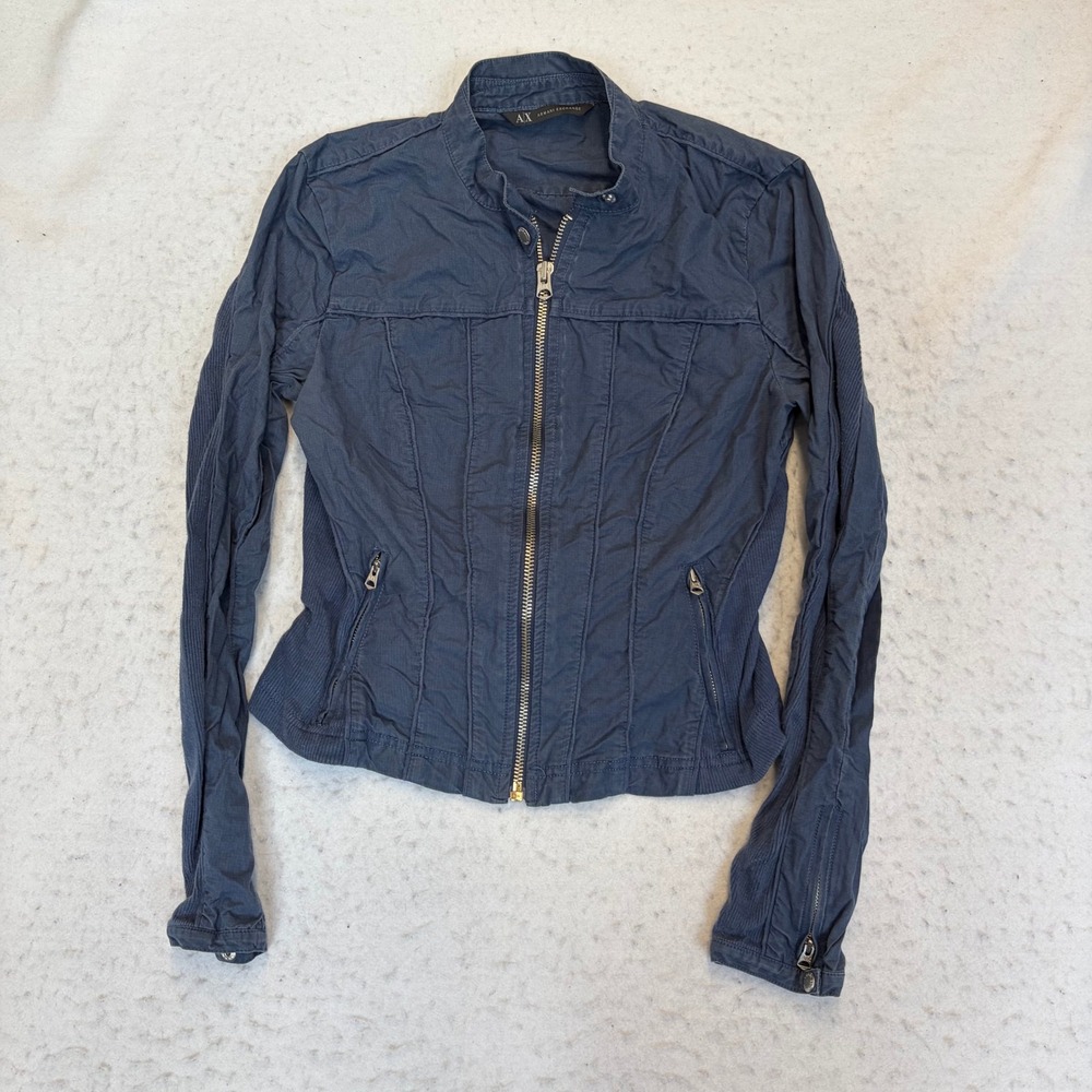 Armani Exchange Moto Jacket Womens Medium Blue Cotton Blend Full Zip Ribbed Trim